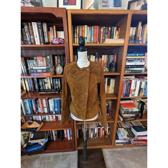 BLANC NYC real tan suede moto jacket asymmetrical zip crop sz small euc - Picture 1 of 8